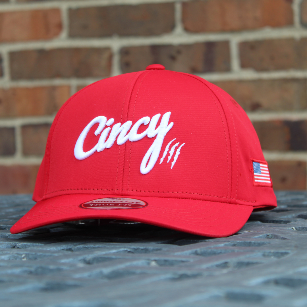 MidCrown Baseball Cap Red Hat with White Logo The Cincy Hat