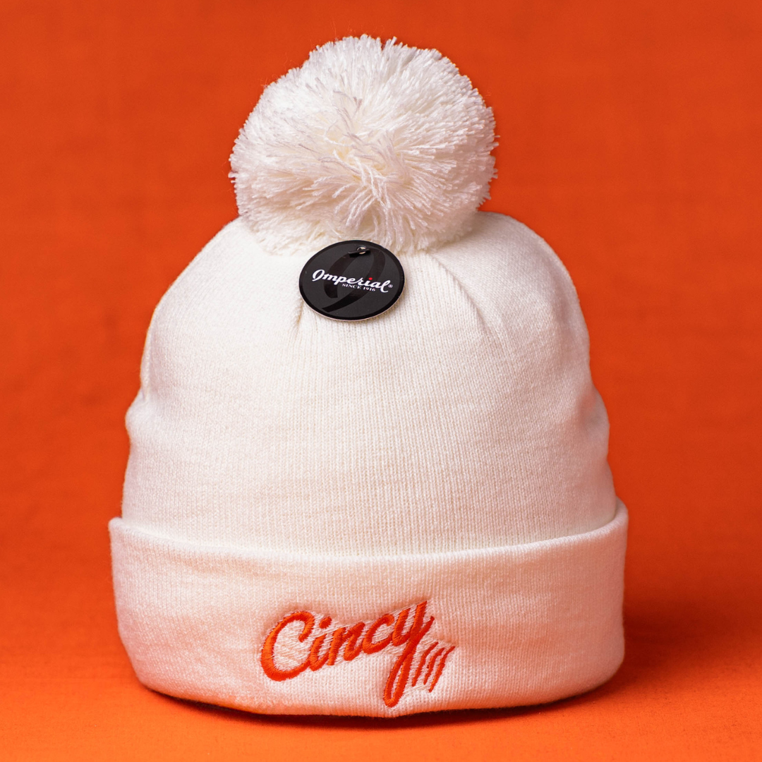 Cincy Beanie - White w/ Pom