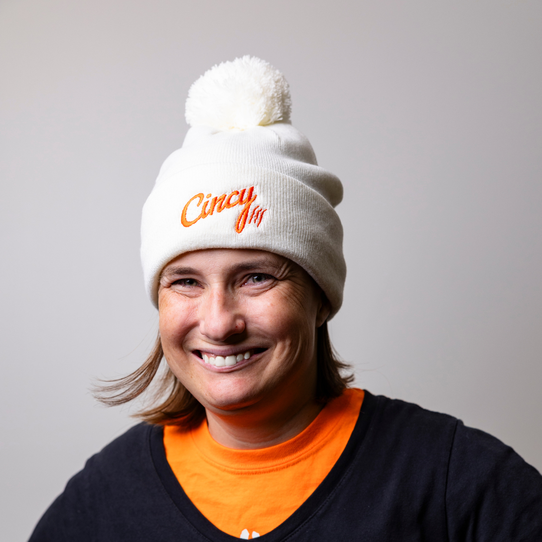 Cincy Beanie - White w/ Pom