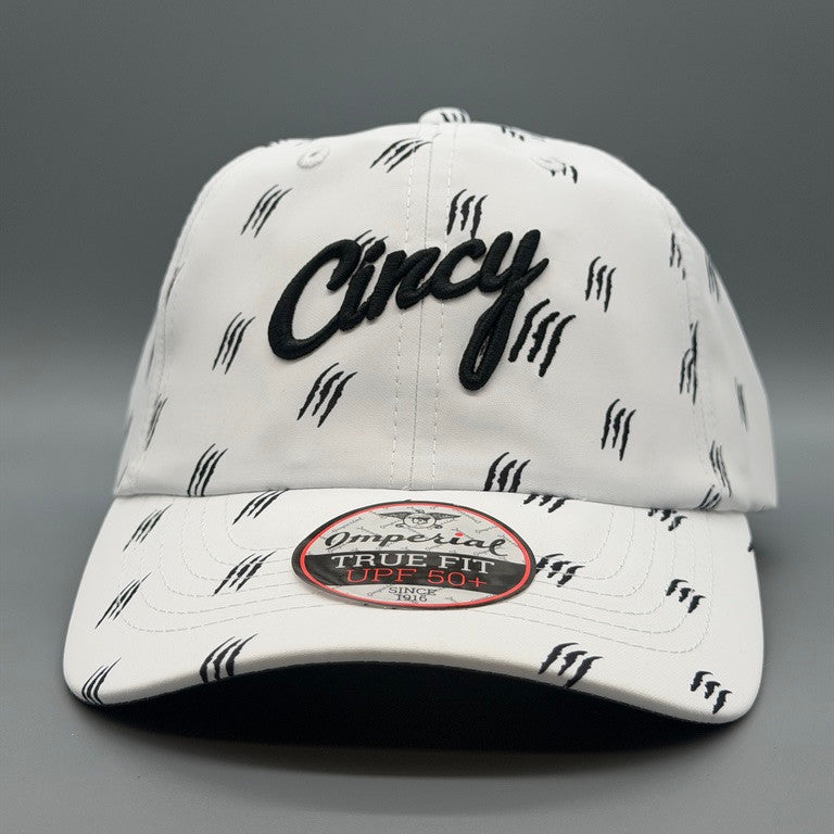 The Claw white hat with black Cincy embroidery and claw print, front view
