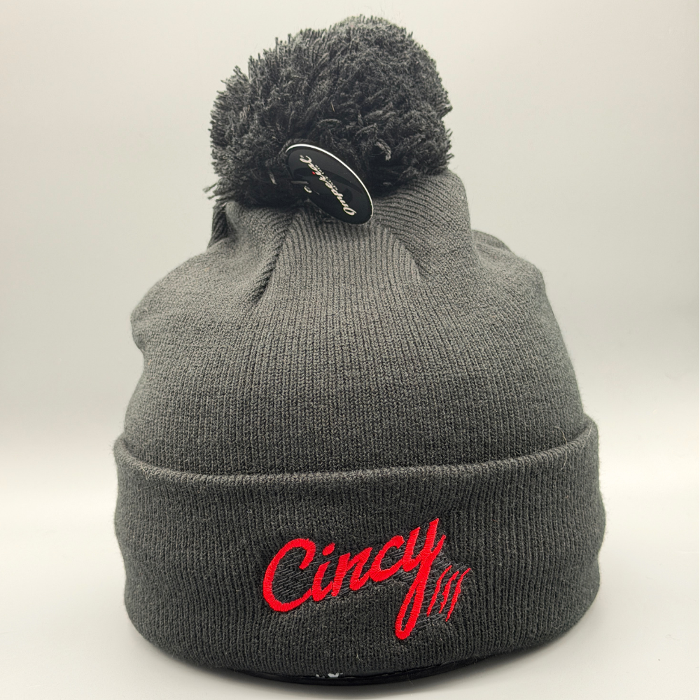 Black Pom Beanie - Red Logo