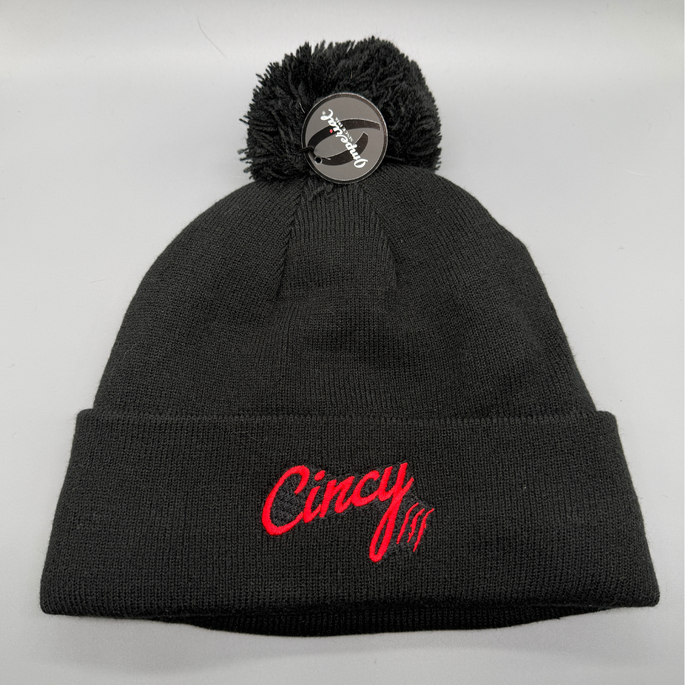 Black Pom Beanie - Red Logo