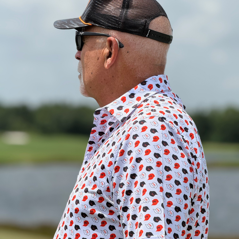 The Cincy Hat Pattern Polo - on course back view