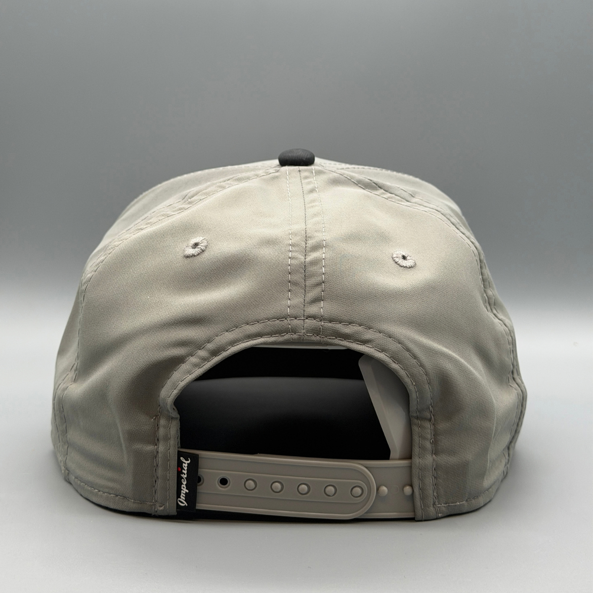 Back view of the grey OG 5 Panel hat showing the adjustable strap closure