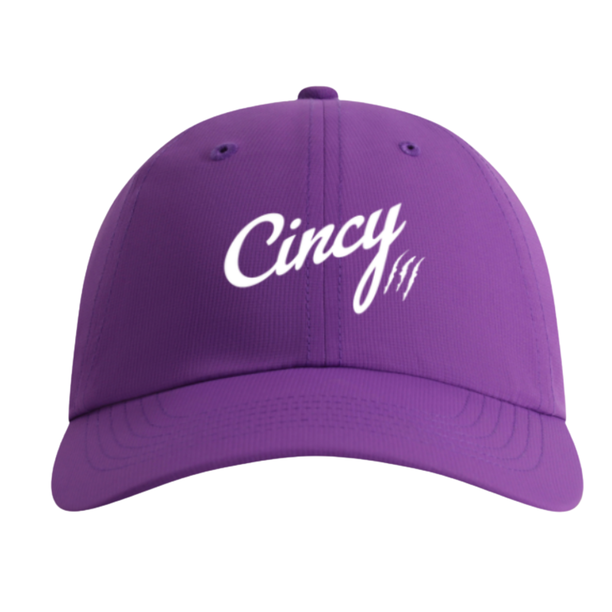 Front view of purple lightweight performance hat with white Cincy script