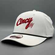 Angled view of the white Cincy Airflow hat with red Cincy logo and perforated side panel