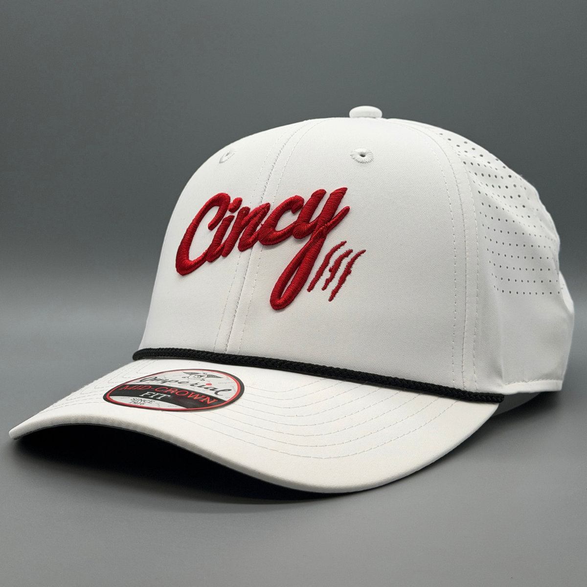 Angled view of the white Cincy Airflow hat with red Cincy logo and perforated side panel