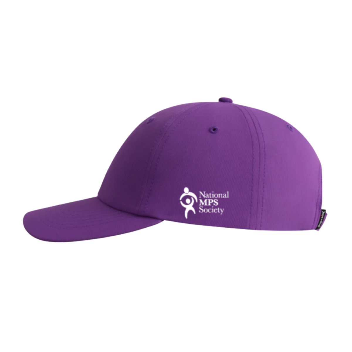 Side view of purple lightweight performance hat with white National MPS Society logo