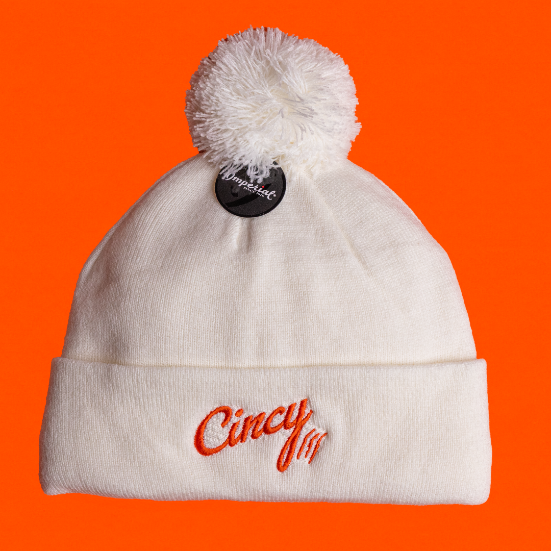 Cincy Beanie - White w/ Pom