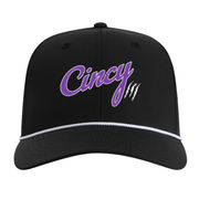 Front view of black mid-crown rope hat with purple Cincy script outlined in white and white rope accent