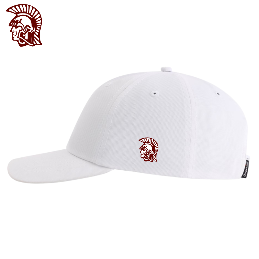 Sacred Heart White Lightweight Performance Cap - Side view with maroon logo