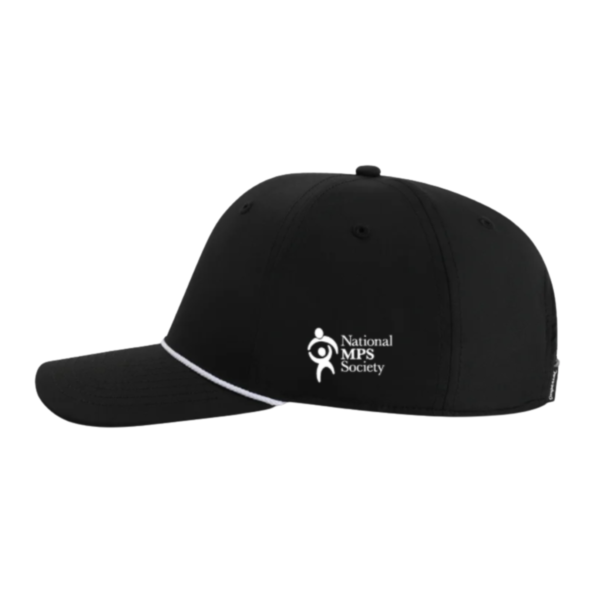 Side view of black mid-crown rope hat with white National MPS Society logo and white rope accent
