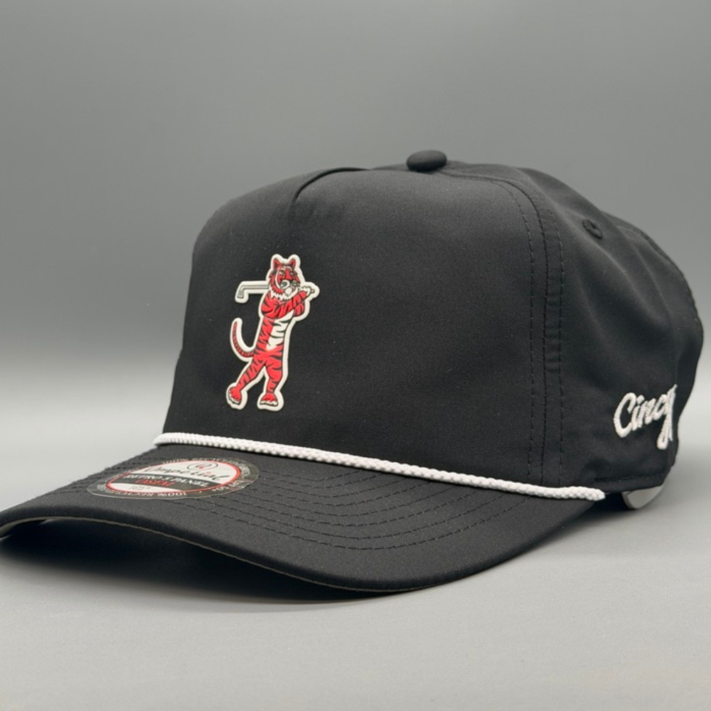 Golfing Tiger - Soft Rope Hat - Black w/ White Rope