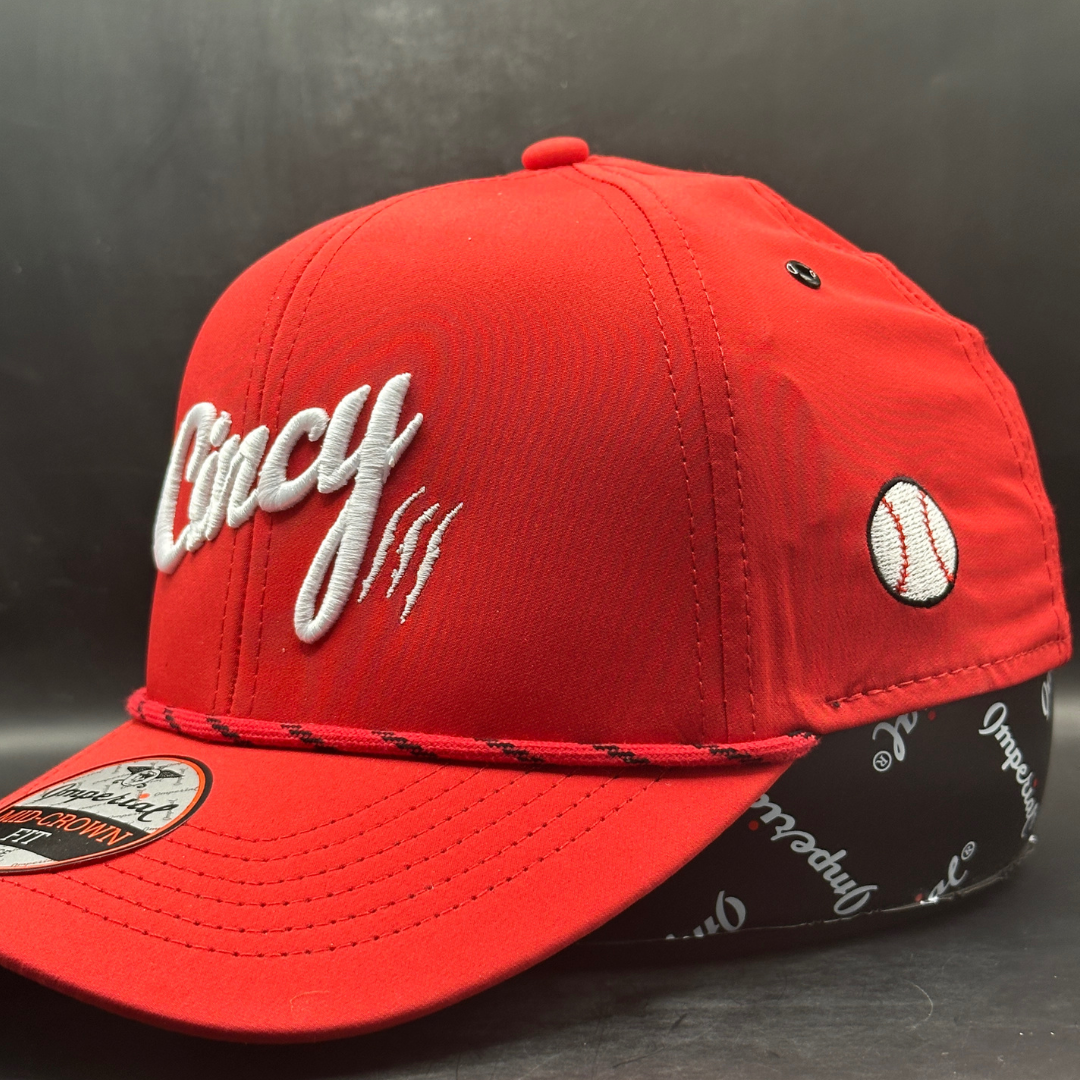 Baseball Series - Mid-Crown w/ Striped Rope - Red Hat with White Logo