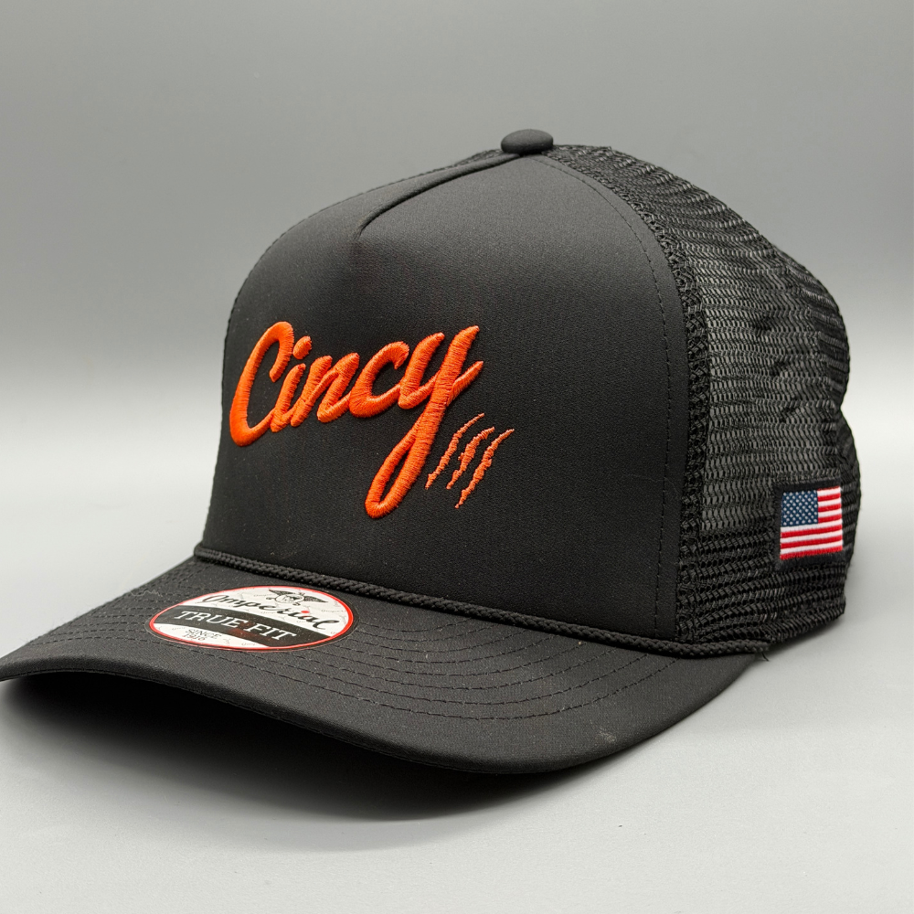 Mesh 5 Panel Rope Hat - Black w/ Orange Logo