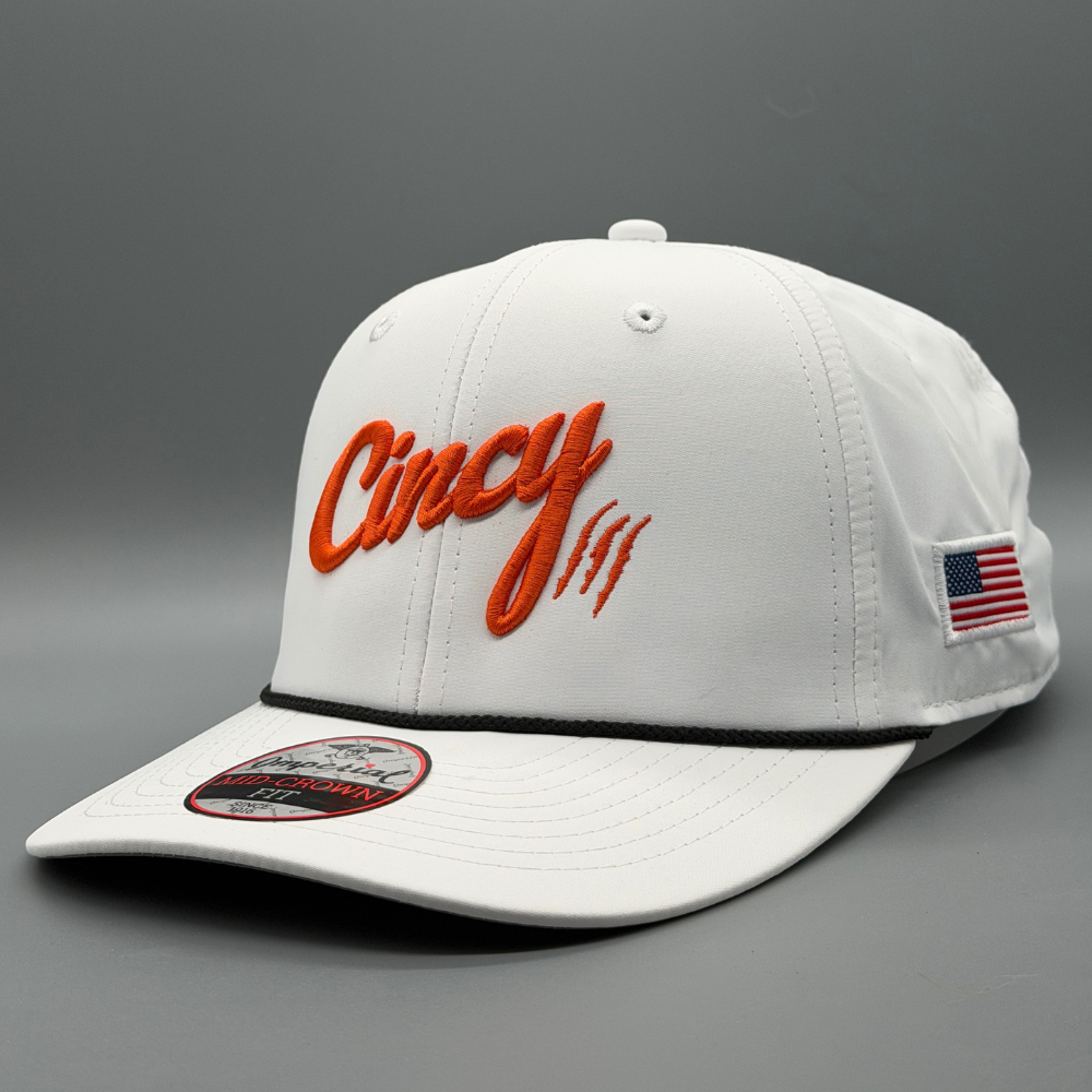 Mid-Crown Rope Hat - White w/ Orange Logo – The Cincy Hat