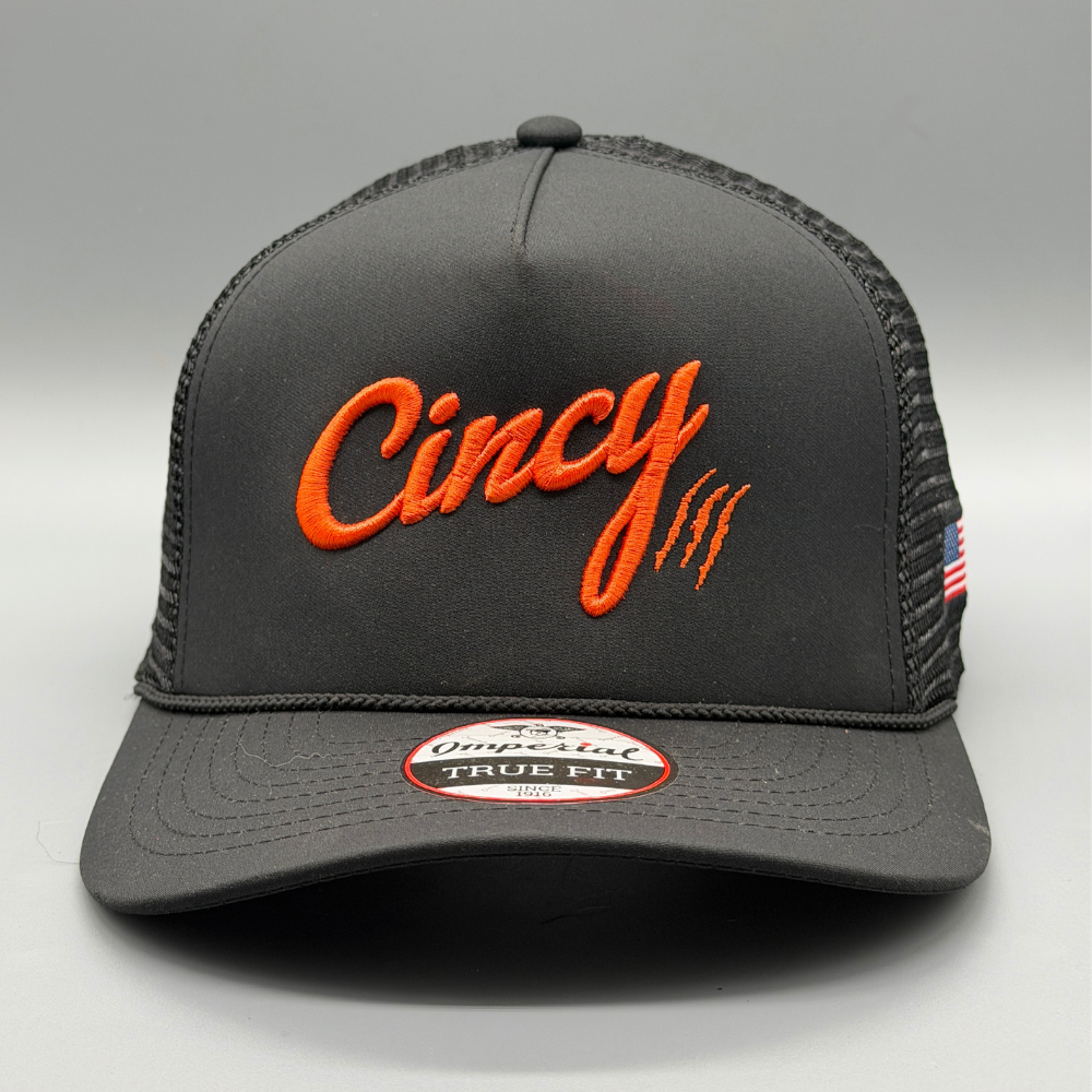 Mesh 5 Panel Rope Hat - Black w/ Orange Logo