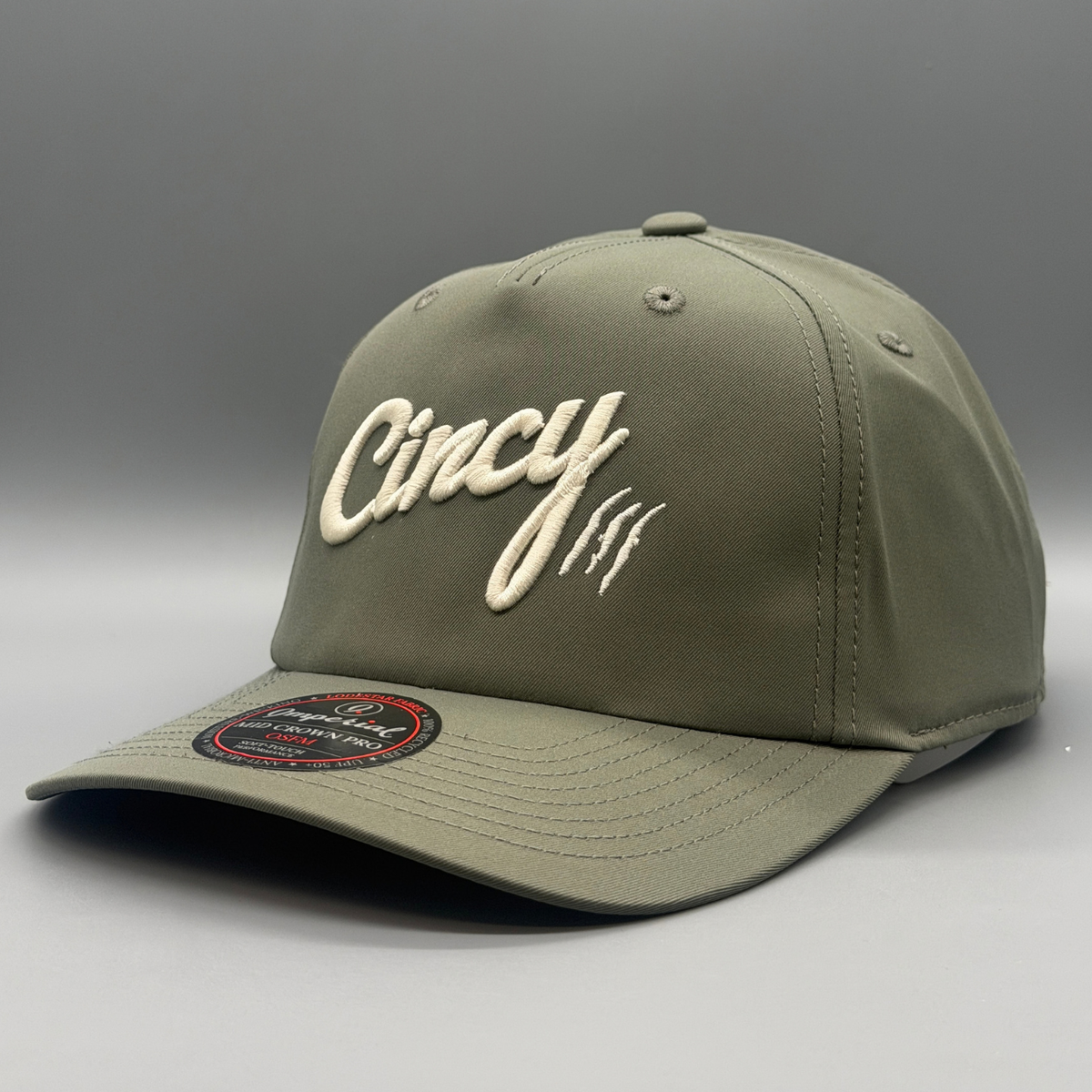 Back view of the olive Mid-Crown 5 Panel hat showing the adjustable strap closure