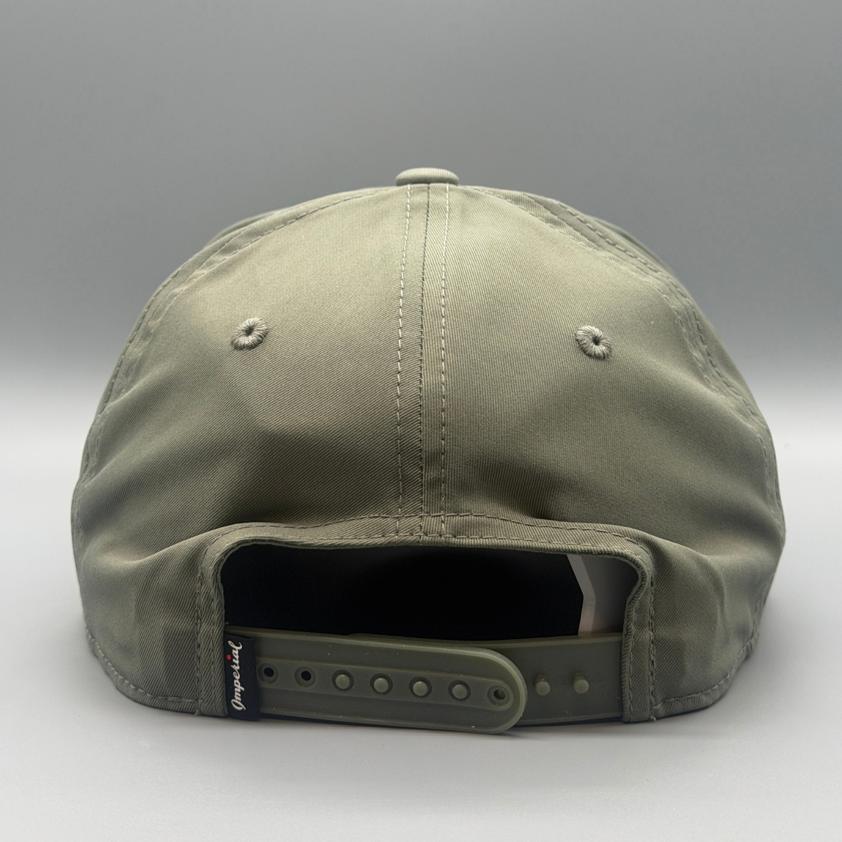 Front view of the olive Mid-Crown 5 Panel hat with puffed cream Cincy script logo