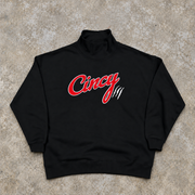 Oversized Black Mock Neck - Red White Outline Logo (ships in 2-3 weeks)