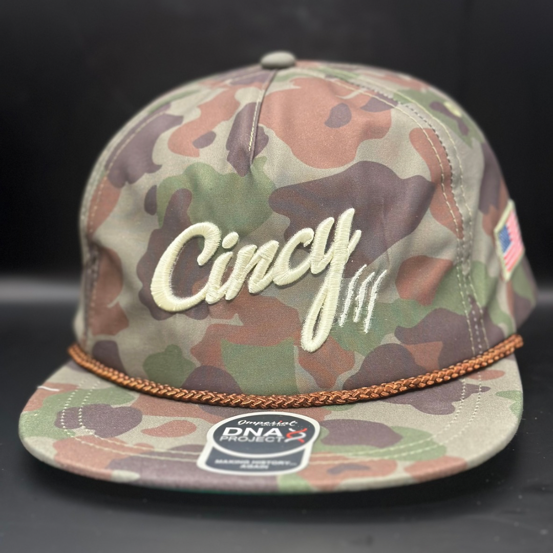 Camo Flat Bill - Cream Logo - Inspired by David Morales – The Cincy Hat