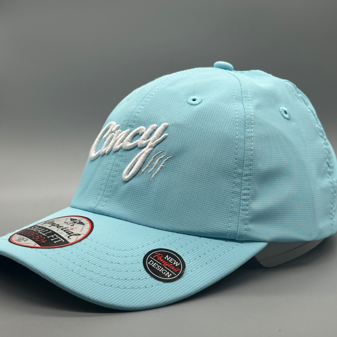 Ponytail Hat - Light Blue w/ White