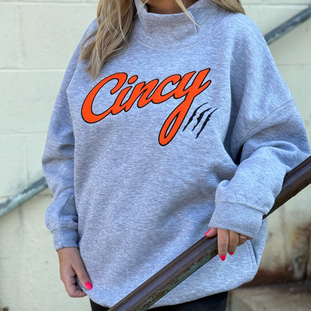 The Cincy Mock Neck - Grey w/ Orange Felt Logo