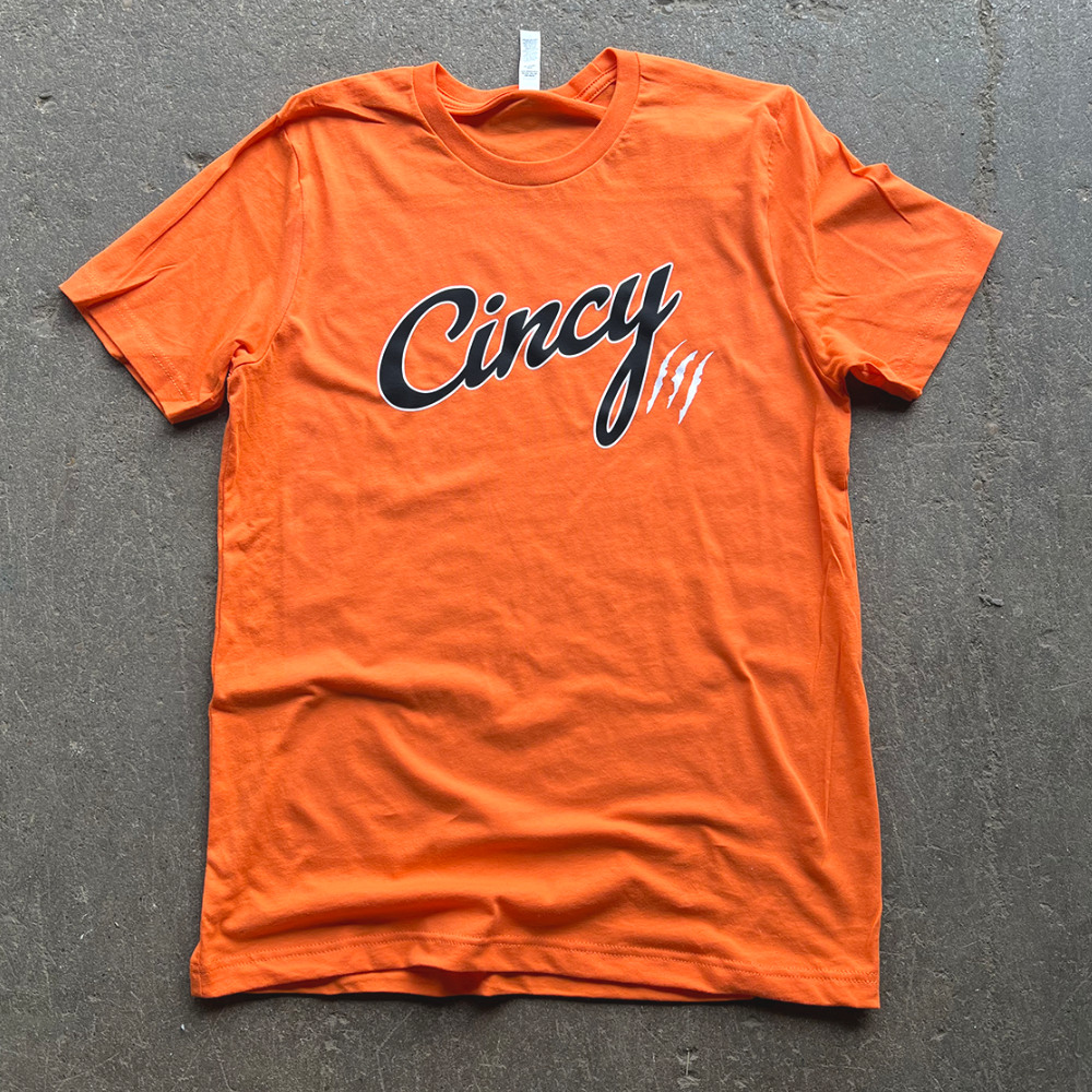 Orange Out T-Shirt with Cincy script logo and claw marks