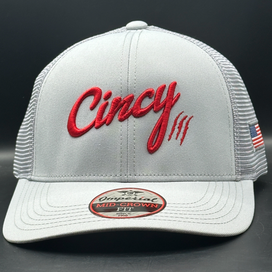 Mid-Crown Mesh Cincy Hat - Light Grey & Red