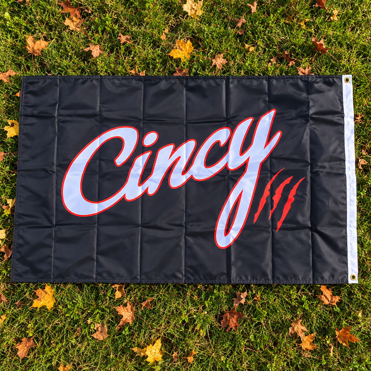 Black Cincy house flag with red claw marks