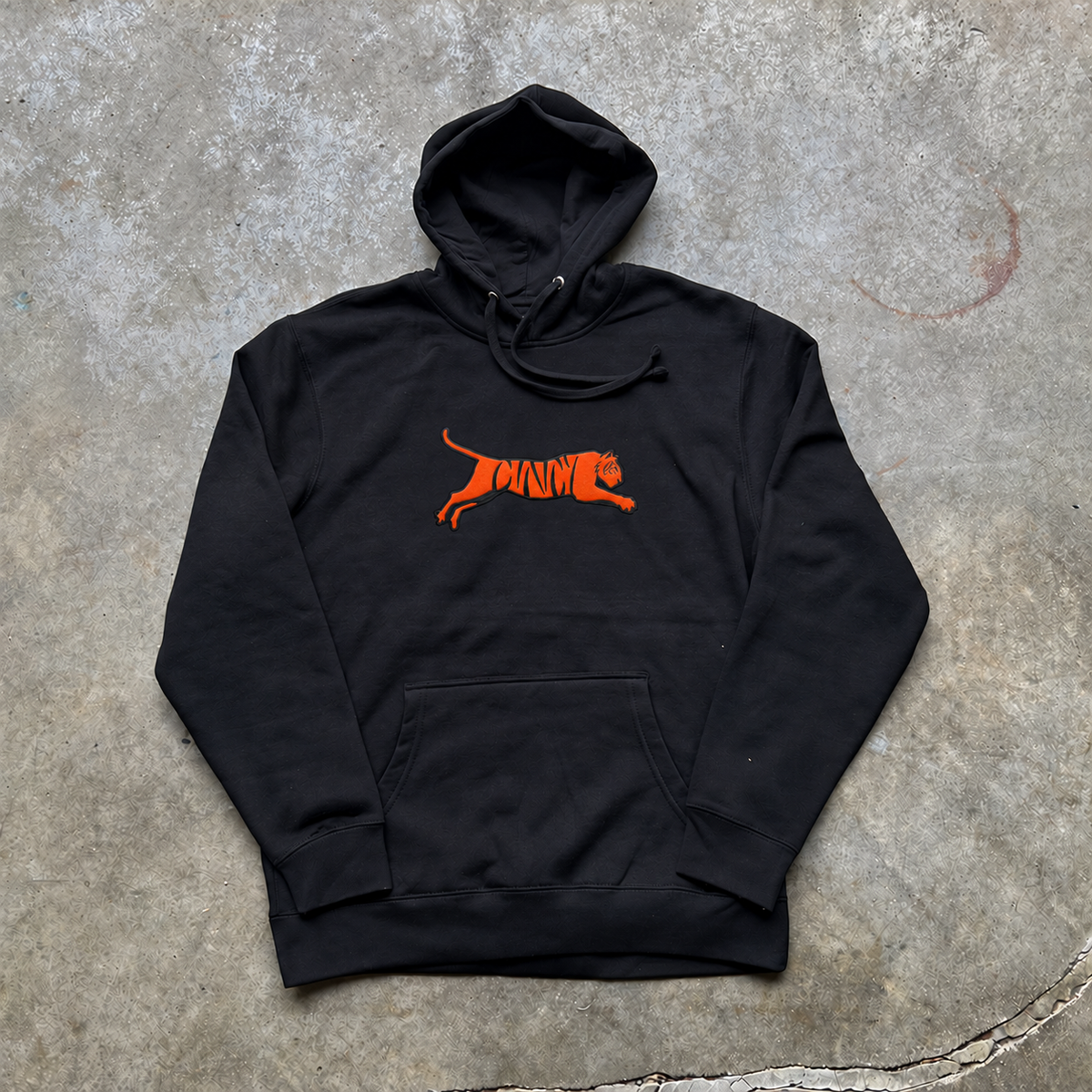 Black pullover hoodie with small orange leaping CINCY tiger chest logo