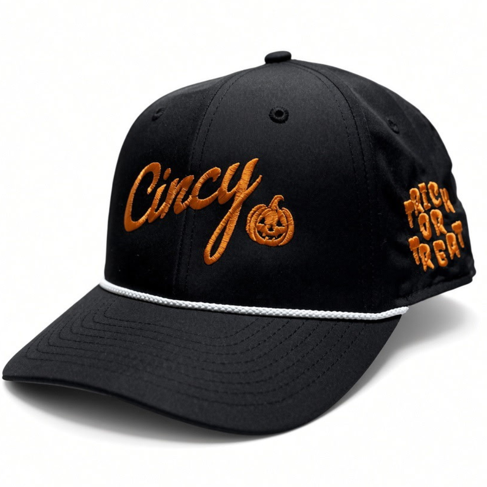 Black Cincy Halloween hat with orange embroidery, jack-o’-lantern and Trick or Treat lettering