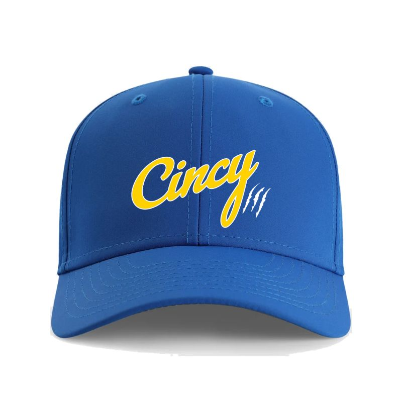 Front view of royal blue Mariemont Elementary ballcap with gold Cincy lettering and white outline and scratch detail
