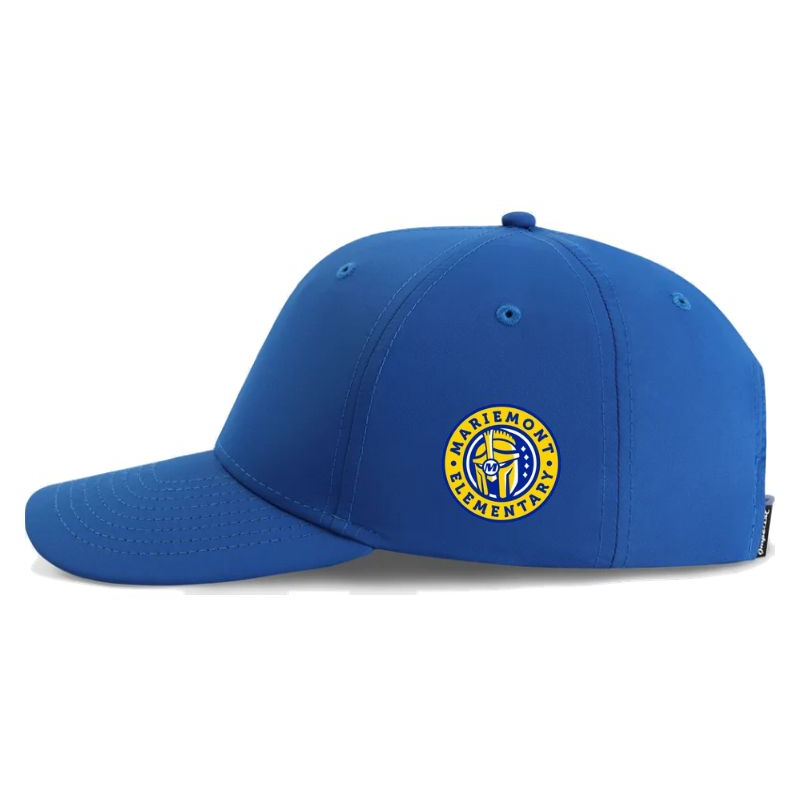 Left-side view of royal blue Mariemont Elementary ballcap with gold-ring school badge