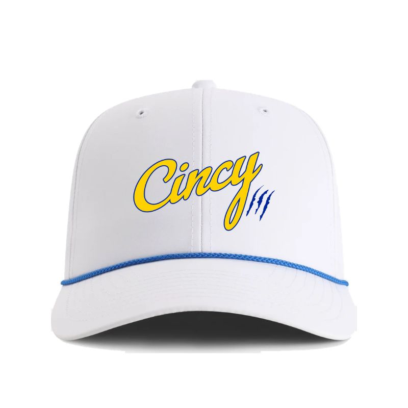 Front view of white Mariemont Elementary rope hat with royal blue rope and gold Cincy lettering outlined in blue