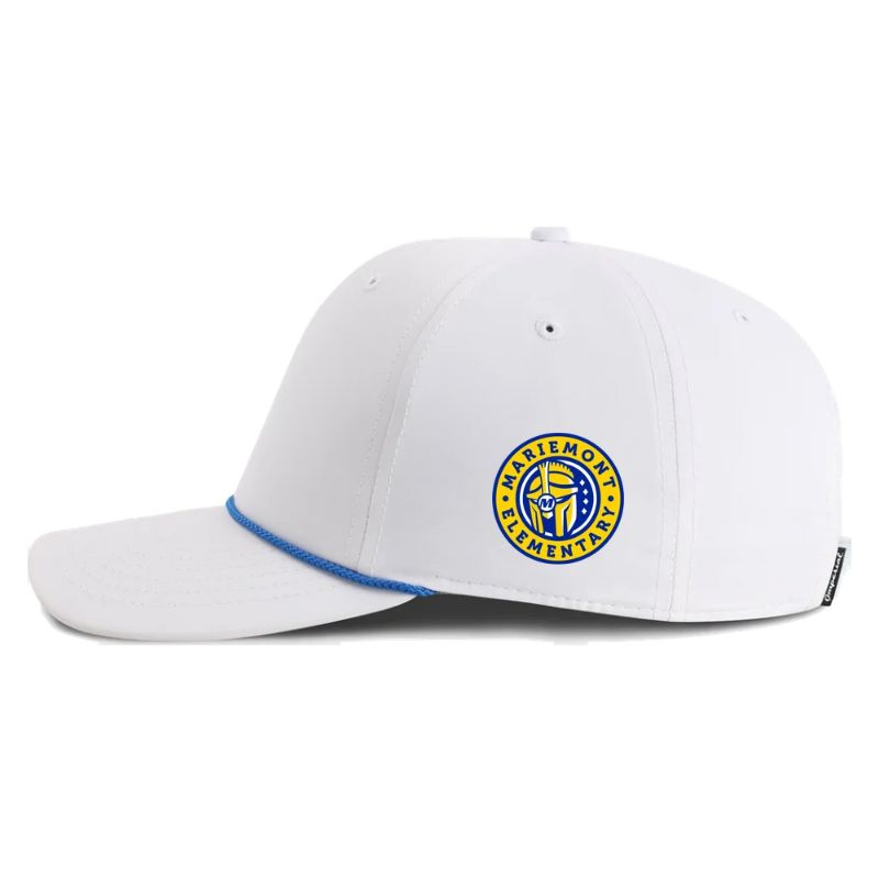 Left-side view of white Mariemont Elementary hat with royal blue rope and gold-ring school badge