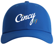 Front mockup of the royal blue Metro Cincy lightweight performance hat with white Cincy embroidery and Metro icon