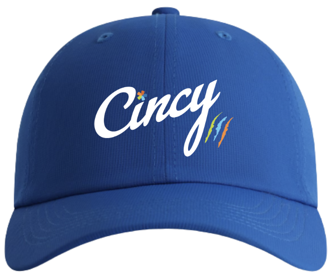 Front mockup of the royal blue Metro Cincy lightweight performance hat with white Cincy embroidery and Metro icon