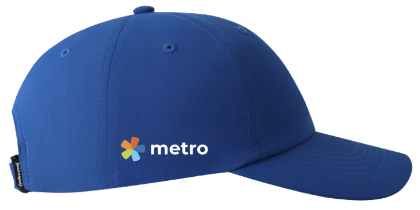 Right-side mockup of the royal blue Metro Cincy hat with white Metro logo and multicolor icon