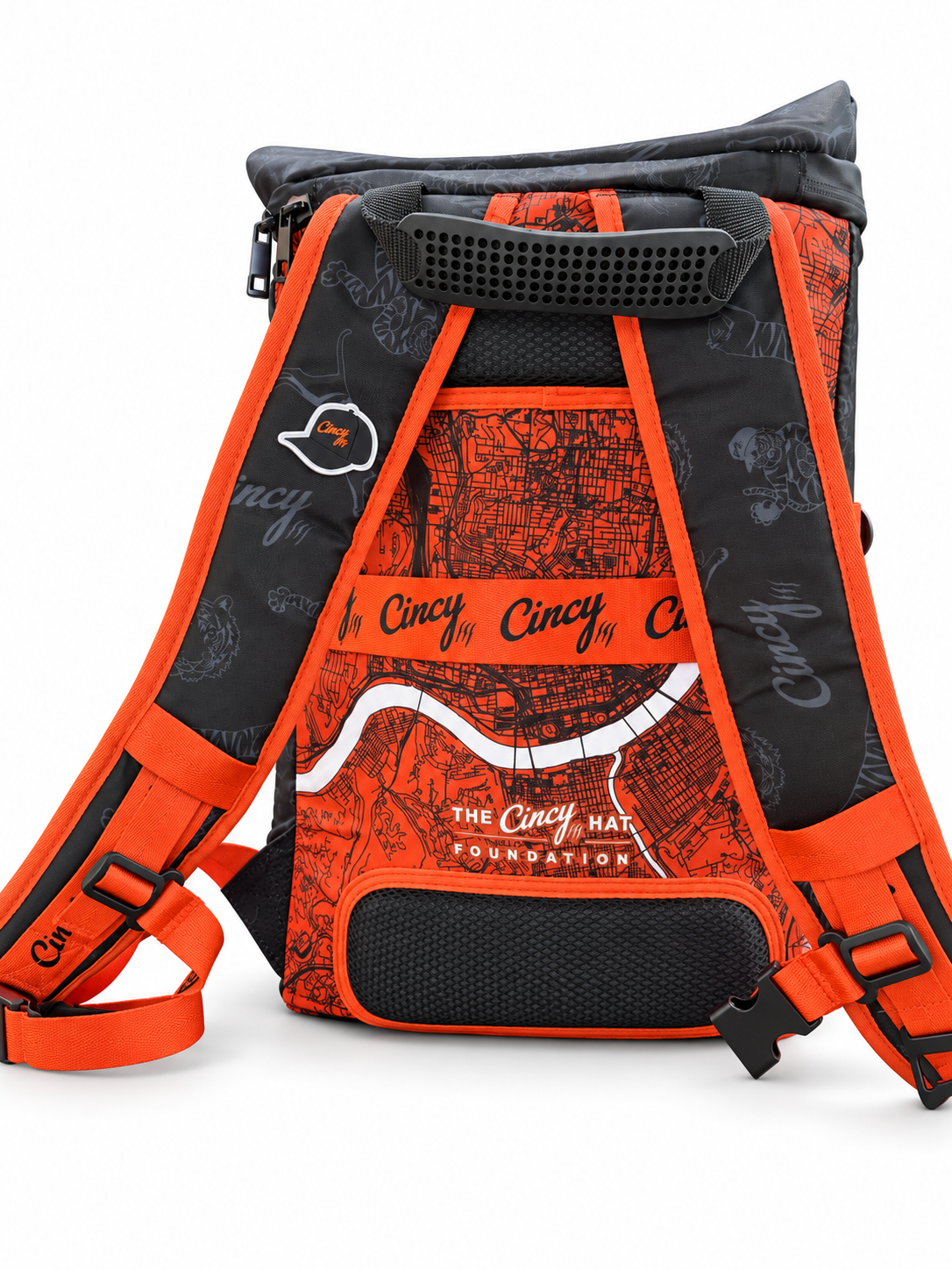 Varsity Cooler Collab backpack cooler, rear view with shoulder straps and Cincinnati map panel