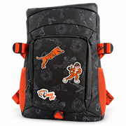 Varsity Cooler Collab backpack cooler, front view with tiger patches and orange mesh pockets