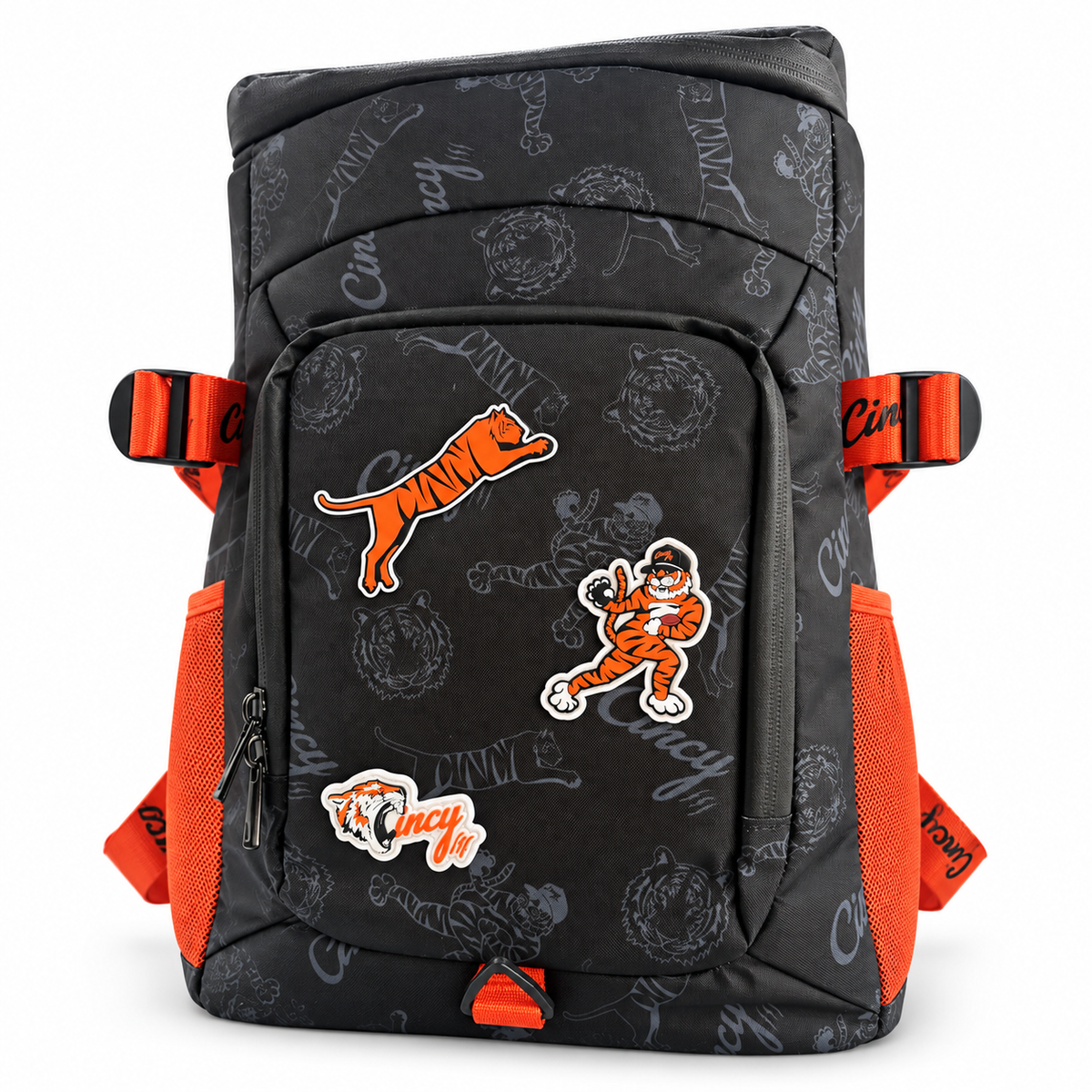 Varsity Cooler Collab backpack cooler, front view with tiger patches and orange mesh pockets