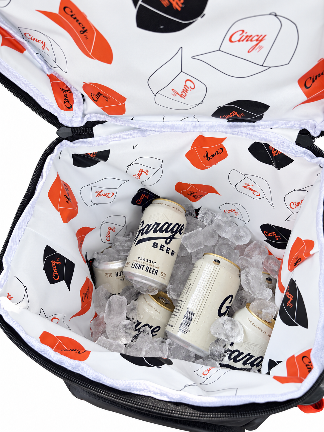 Varsity Cooler Collab backpack cooler interior with Cincy hat print lining, ice and cans