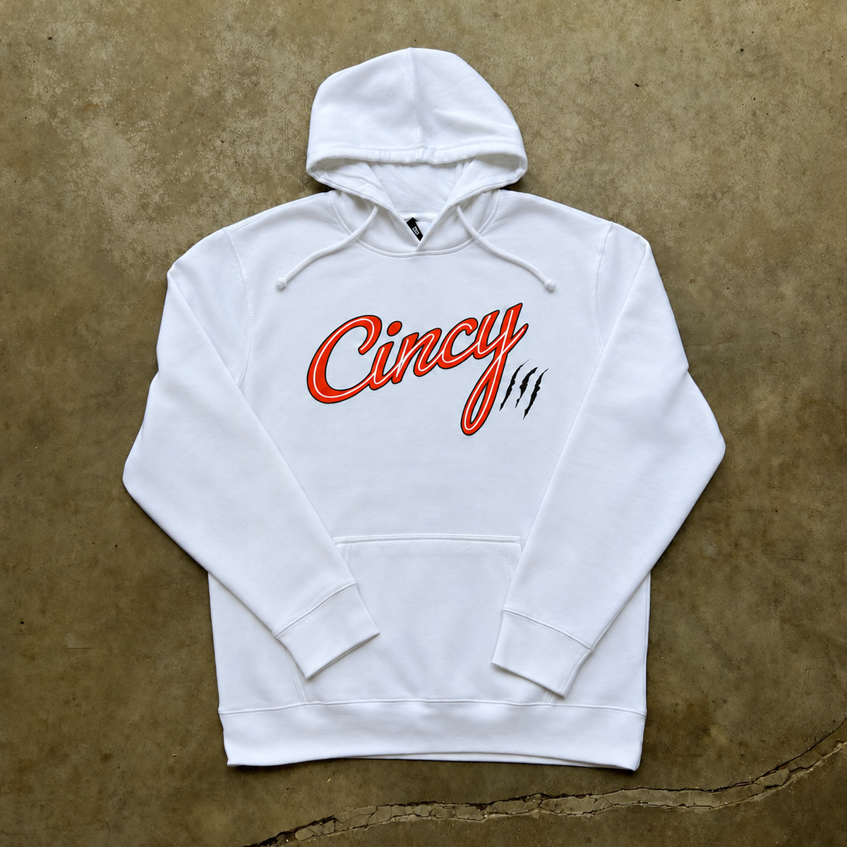 White Barbershop Cincy hoodie with large orange, white and black screenprinted logo centered on the front